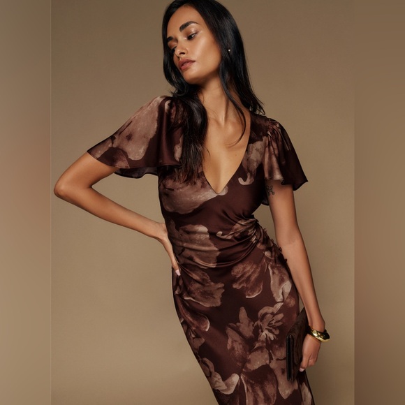 NEW Reformation Vida Long Satin Dress in Siena Brown Floral | size US 4 - Picture 7 of 14